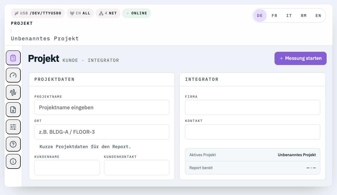 ZigTrace Software Projektansicht mit Eingaben und Status